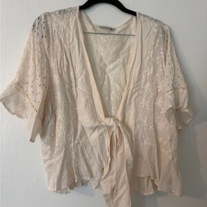 American Eagle Outfitters Cream Embroidered Tie-Front Blouse